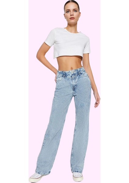 Kadın Regular Boy Denim Jean Yüksek Bel Geniş Paça Pamuk Günlük Kullanım Dayanıklı Malzeme