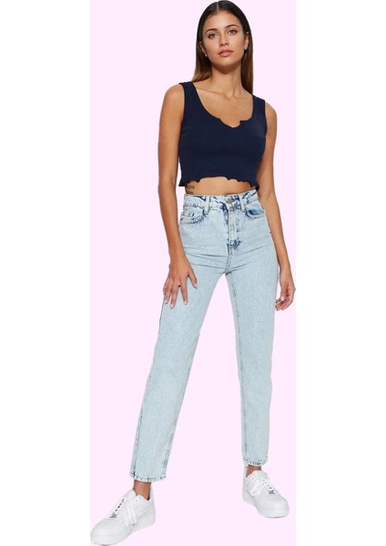 Kadın Denim Mom Jean Pantolon Yüksek Bel Geniş Paça Pamuk Günlük Kullanım Kaliteli Malzeme