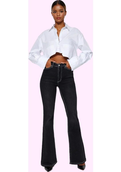 Kadın Denim Ispanyol Paça Pantolon Yüksek Bel Günlük ve Özel Günler Yaz Aylarının Vazgeçilmezi fiyatları