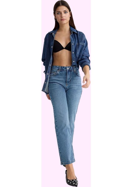 Kadın Denim Jean Pantolon Düz Desen Yüksek Bel Günlük Kombin Hafta Sonu Yaz Aylarının Vazgeçilmezi