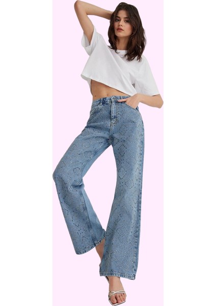 Kadın Pamuk Jean Pantolon Yüksek Bel Geniş Paça Casual Stil Günlük Kullanım Modern Tasarım