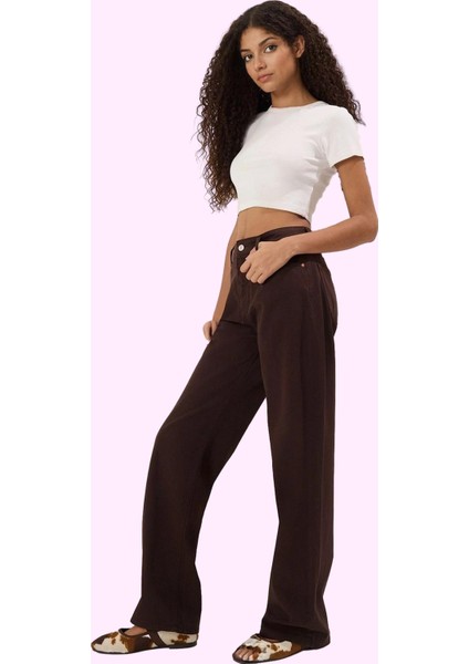 Kadın Pamuk Denim Pantolon Yüksek Bel Wide Leg Model Tüm Sezon Günlük Kullanım Özel Günler