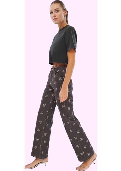 Kadın Pamuk Denim Pantolon Çok Fiyonk Baskılı Yüksek Bel Günlük Yaz Aylarının Vazgeçilmezi