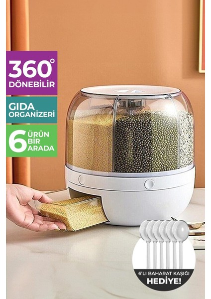 Dönen 6 Bölmeli Hava Geçirmez Saklama Kabı, 6 Lt, Beyaz