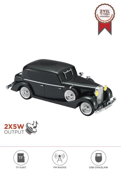 D55 Siyah Retro Araba Tasarımlı Bluetooth Hoparlör 2x5w Fm + Usb + Tf Kart