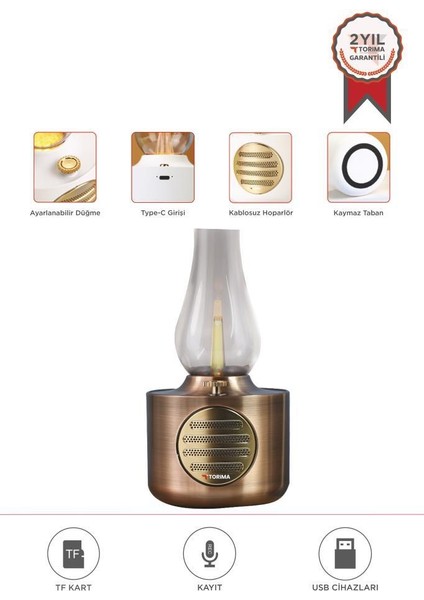 D53 Bakır Vintage Gaz Lambası Taşınabilir Bluetooth Speaker Ayarlanabilir Işıklı Usb Şarjlı