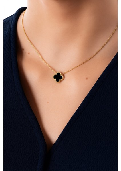 Altın Renk Siyah Yonca Kolye