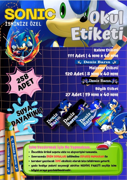 Super Sonic Temalı Kişiye Özel Suya Dayanıklı Okul Etiketi – 258 Adet Isimli Çıkartma