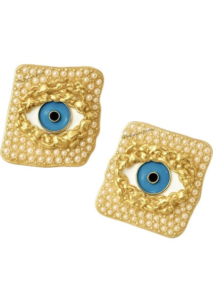 Pearl Eye – Incili Mavi Göz Figürlü Kare Küpe