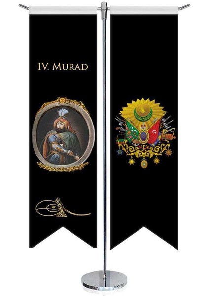 Osmanlı Padişahları - Iv. Murad ve Osmanlı Arması - Saten -Kırlangıç - T Direk 2li Masa Bayrağı