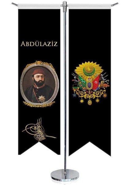 Osmanlı Padişahları - Abdülaziz ve Osmanlı Arması - Kırlangıç - Saten T Direk 2li Masa Bayrağı