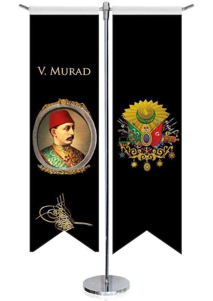 Osmanlı Padişahları - V. Murad ve Osmanlı Arması - Kırlangıç - Saten T Direk 2li Masa Bayrağı