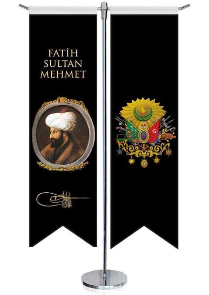 Osmanlı Padişahları - Fatih Sultan Mehmet ve Osmanlı Arması-Kırlangıç-Saten T Direk 2li Masa Bayrağı