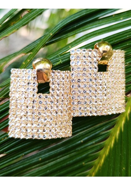 Sarı Renk Zirkon Taşlı Lüks Abiye Küpe