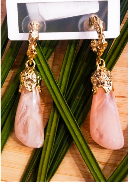 Lüks Pembe Taş Figürlü Sallantılı Küpe