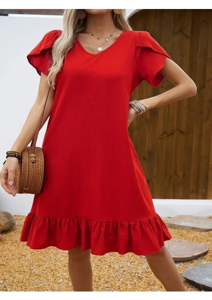 Kadın Kısa Kollu Bisiklet Yaka Fırfırlı Aerobin Elbise modelleri