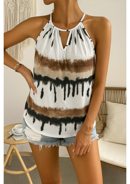 Kadın Halter Kollu Damla Detaylı Desenli Süprem Bluz