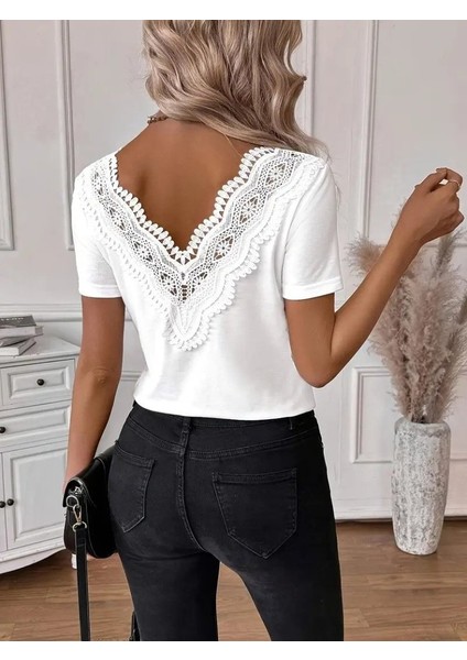 Kadın Kısa Kollu V Yakalı Arkası Dantelli Viskon Bluz modelleri