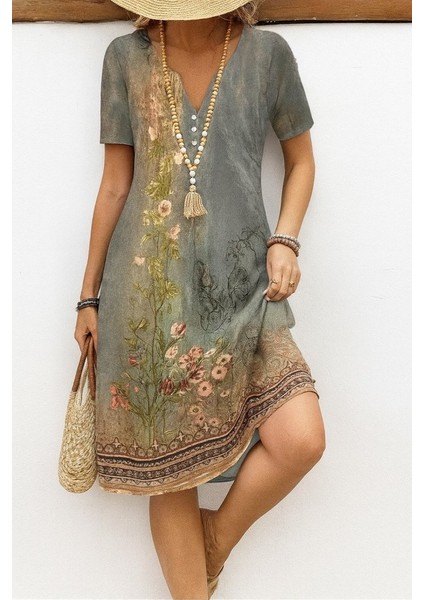 Kadın Kısa Kollu V Yakalı Desenli Süprem Elbise