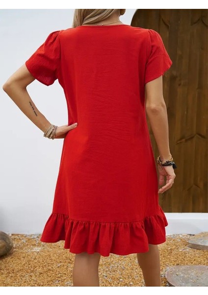 Kadın Kısa Kollu Bisiklet Yaka Fırfırlı Aerobin Elbise indirimleri