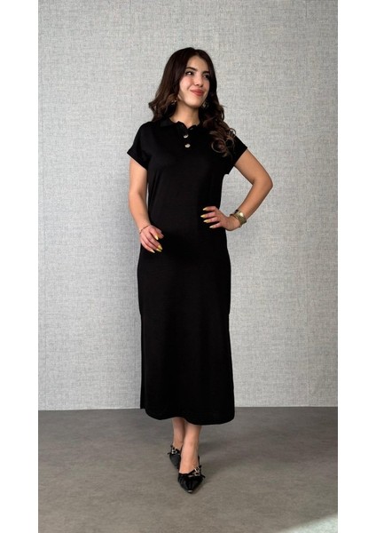 Kadın Kısa Kollu Yakalı Yandan Yırtmaçlı Viskon Iki Iplik Elbise fırsatları