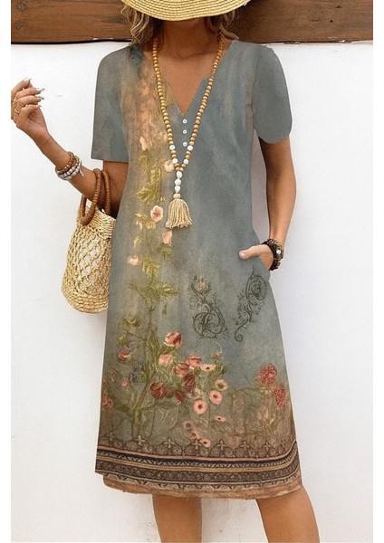 Kadın Kısa Kollu V Yakalı Desenli Süprem Elbise fiyatları