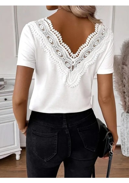 Kadın Kısa Kollu V Yakalı Arkası Dantelli Viskon Bluz fırsatları