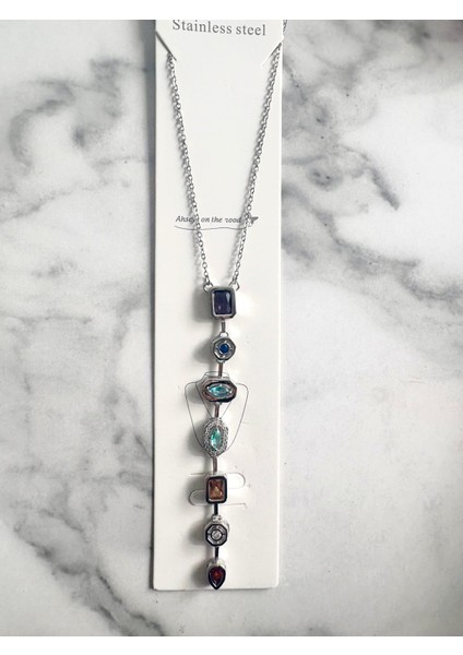 Renkli Zirkon Taşlı Y Kolye Çelik 316 L