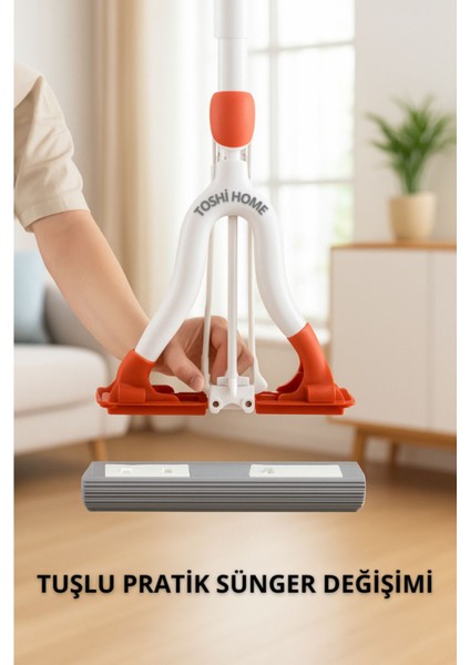 Portakal ve Beyaz Renkli Sıkan Mekanizmalı Sünger Paspas Mop, Pratik Temizlik Sağlar