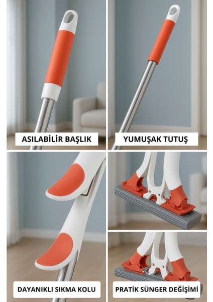 Portakal ve Beyaz Renkli Sıkan Mekanizmalı Sünger Paspas Mop, Pratik Temizlik Sağlar modelleri
