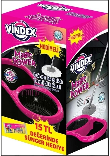 Döner Başlıklı Temizlik Seti, Siyah, 5 Sünger Hediye, Pratik ve Kullanışlı