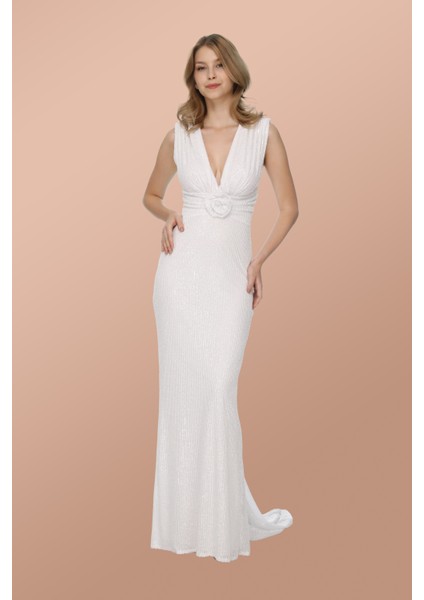 Beyaz Payet V Yaka Uzun Beyaz Kuyruklu Elbise