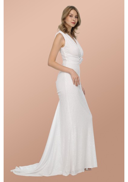 Beyaz Payet V Yaka Uzun Beyaz Kuyruklu Elbise fiyatları