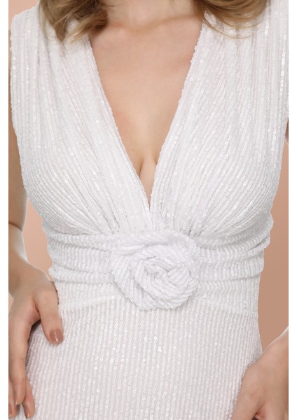 Beyaz Payet V Yaka Uzun Beyaz Kuyruklu Elbise indirimleri