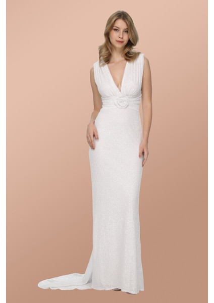 Beyaz Payet V Yaka Uzun Beyaz Kuyruklu Elbise