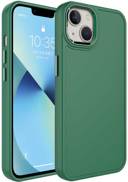 Apple iPhone 14 Kılıf Metal Çerçeve ve Buton Tasarımlı Sert Effx Botox Kapak-Koyu Yeşil