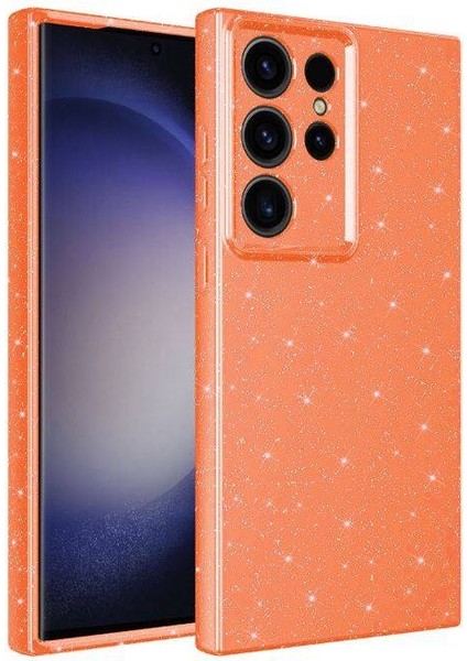 Galaxy S23 Ultra Kılıf Kamera Korumalı Simli Lüks Effx Koton Kapak-Turuncu