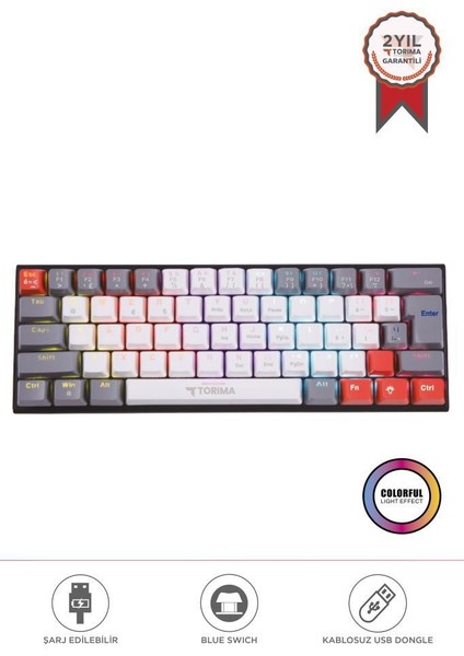 Tk-11 Beyaz Mekanik Kablosuz Blue Switch Rgb Işıklı Gaming Sarjlı Q Klavye