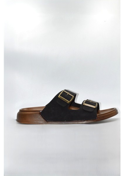 Erkek Siyah Çift Bantlı Anatomik Günlük Terlik