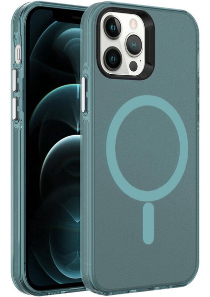 Apple iPhone 12 Pro Kılıf Effx Magsafe Şarj Özellikli Buzlu Transparan C-Pro Sert Kapak-Koyu Yeşil