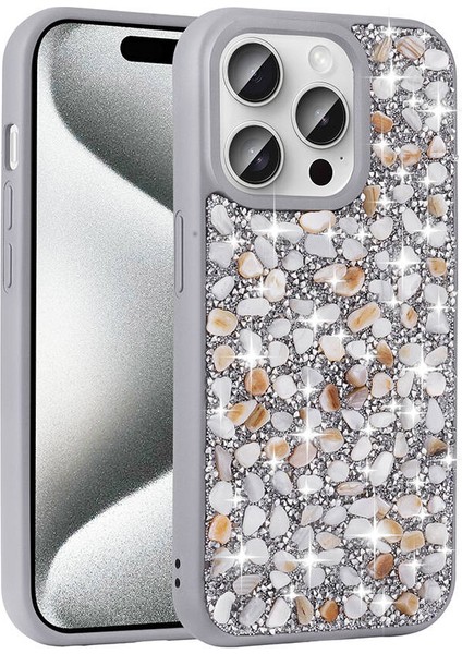 Apple iPhone 15 Pro Max Kılıf Parlak Taşlı Tasarım Effx Linea Kapak-Gümüş