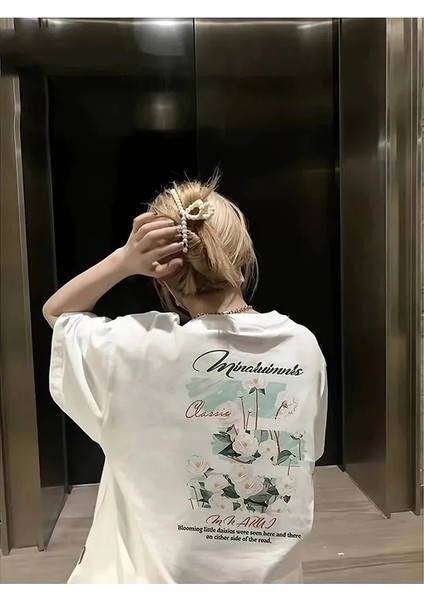 Kadın Çiçekli Baskılı Oversize Kısa Kollu Beyaz Pinterest Tshirt