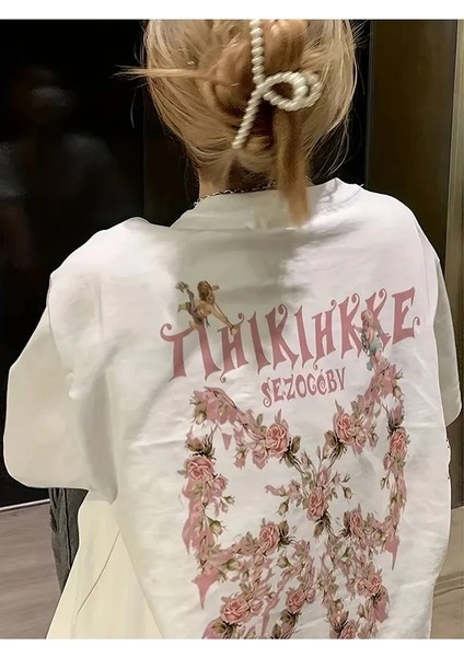 Kadın Çiçekli Baskılı Oversize Kısa Kollu Beyaz Pinterest Tshirt