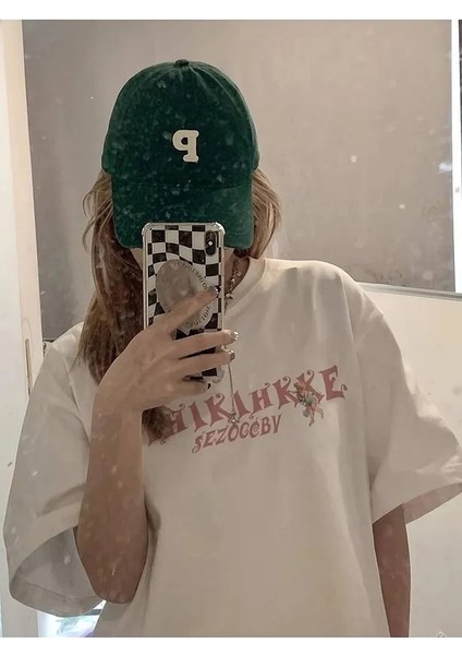 Kadın Çiçekli Baskılı Oversize Kısa Kollu Beyaz Pinterest Tshirt modelleri
