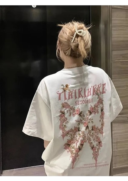 Kadın Çiçekli Baskılı Oversize Kısa Kollu Beyaz Pinterest Tshirt fırsatları