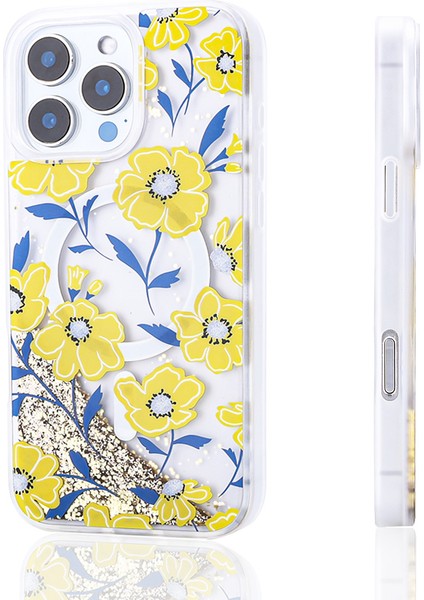 iPhone 16 Pro Uyumlu Kılıf Sıvılı Simli Baskılı Şeffaf Arka Yüzey Effx Mossa Silikon Kapak-Sarı modelleri