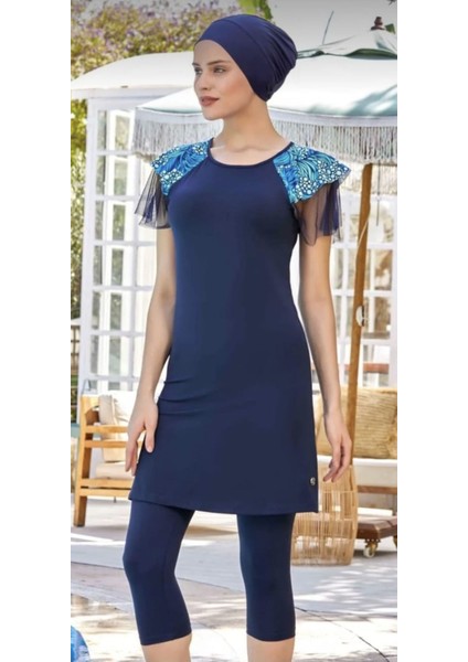 Zen Tül Detaylı Kısa Kol-Kısa Taytlı Havuz Mayo Lacivert
