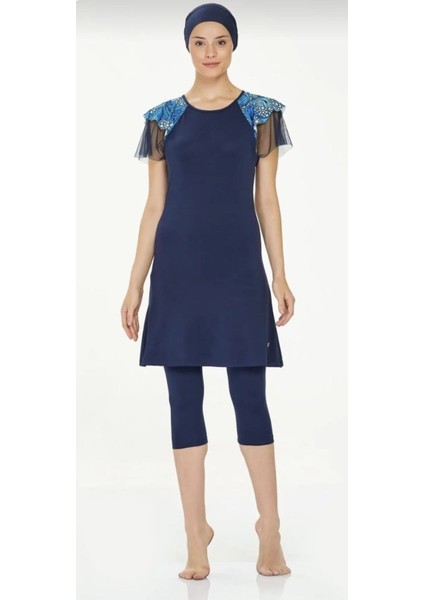 Zen Tül Detaylı Kısa Kol-Kısa Taytlı Havuz Mayo Lacivert fiyatları