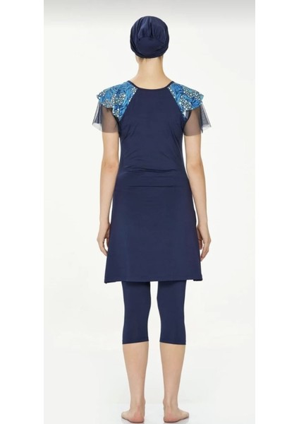 Zen Tül Detaylı Kısa Kol-Kısa Taytlı Havuz Mayo Lacivert modelleri