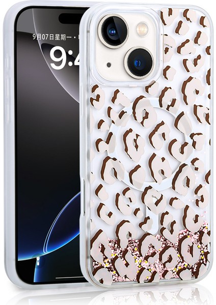 iPhone 14 Uyumlu Kılıf Sıvılı Simli Baskılı Şeffaf Arka Yüzey Effx Mossa Silikon Kapak-Pembe